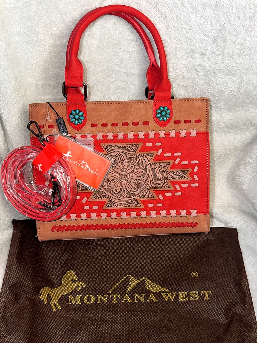 NWT Montana West Western Tooled Aztec Tote Crossbody Bag Red/Turquoise Concho